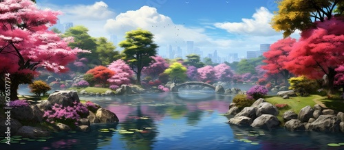 In the beautiful garden of Japan against a vibrant blue sky a colorful landscape of pink flowers blossoming trees and a lush greenery provides a picturesque background perfectly depicting t