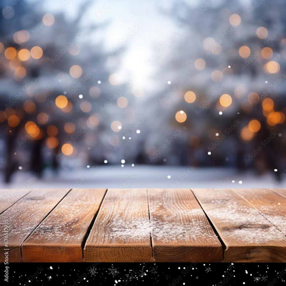 empty table top with snow, christmas theme background image created with Generative Ai empty table top with snow, christmas theme background image created with Generative Ai