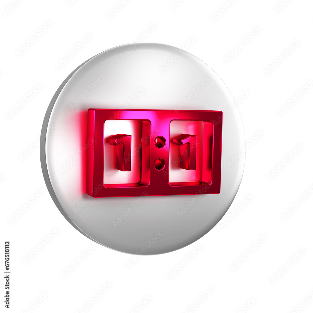 Red Sport mechanical scoreboard and result display icon isolated on transparent background. Silver circle button.