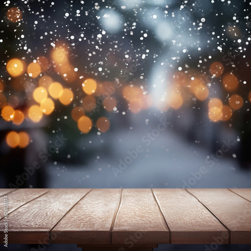 empty table top with snow, christmas theme background image created with Generative Ai © Andrii Yablonskyi