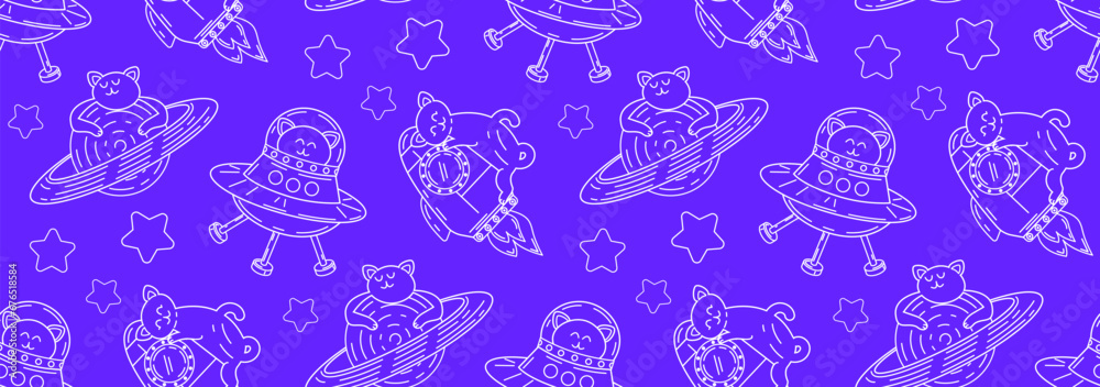 Linear pattern with cute cats in space. Vector seamless pattern of pet characters in doodle style. Linear pattern with cute cats in space. Vector seamless pattern of pet characters in doodle style.