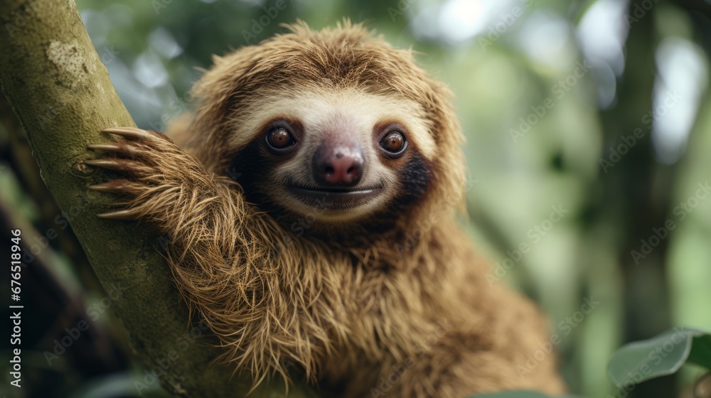 Naklejka premium Adorable Sloth Hanging from Rainforest Tree Branch