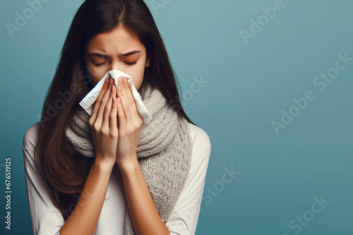 Murais de parede photo of a sick young girl sneezing in paper napkin