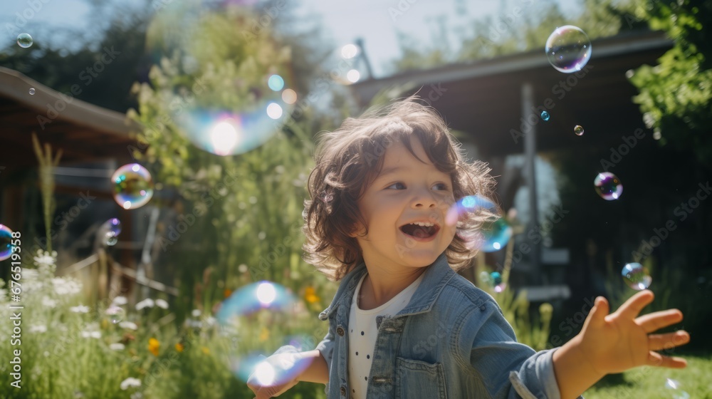 Joyful Child Playing with Soap Bubbles in Sunny Garden Joyful Child Playing with Soap Bubbles in Sunny Garden