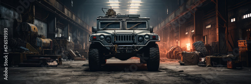 Military ATV parked inside a military hangar. photo