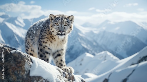 Elusive Snow Leopard in Snowy Mountain Landscape © Andreas