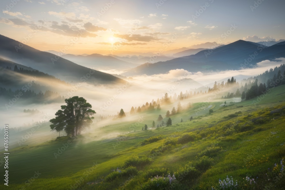 Immerse in the tranquility of a misty morning in a mountainous landscape.