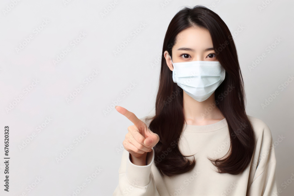 young woman in medical mask points finger right. ai generative young woman in medical mask points finger right. ai generative