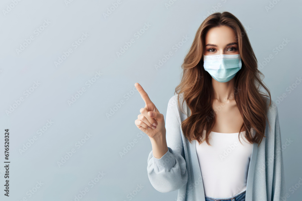 young woman in medical mask points finger right. ai generative young woman in medical mask points finger right. ai generative