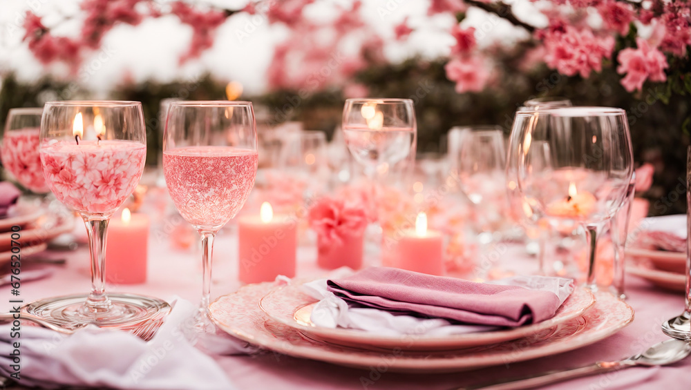 Empty plates, glasses, candles on the table with flowers Empty plates, glasses, candles on the table with flowers