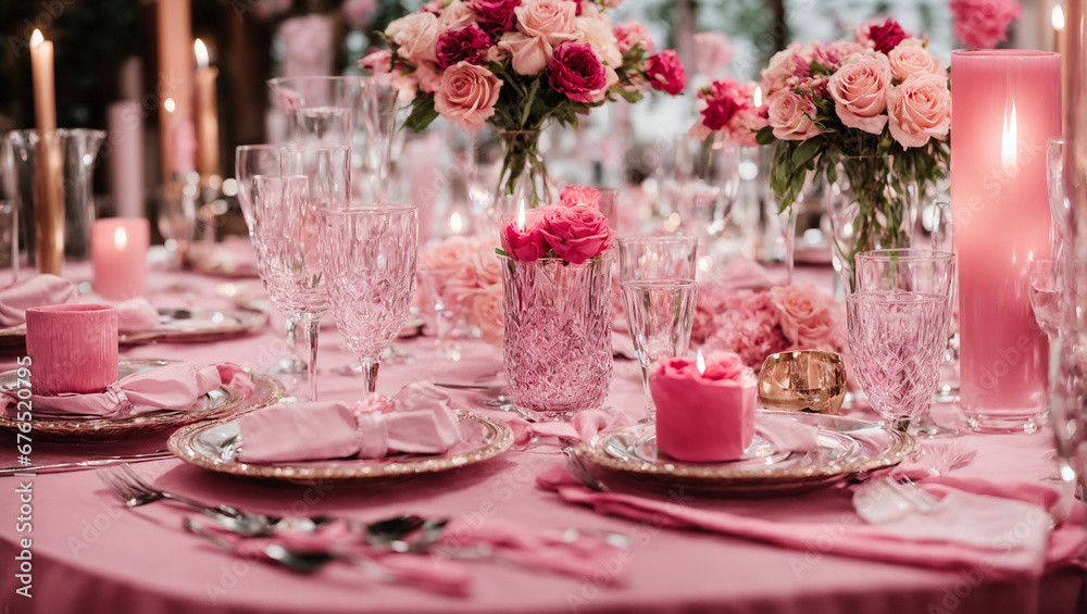 Empty plates, glasses, candles on the table with flowers Empty plates, glasses, candles on the table with flowers