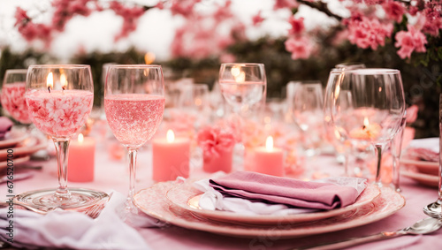 Empty plates, glasses, candles on the table with flowers