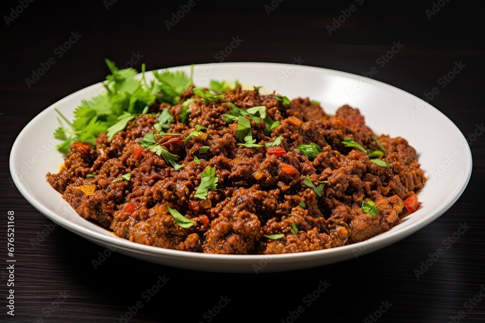 Fried traditional ground beef kim fry, North Indian Pakistani cuisine Fried traditional ground beef kim fry, North Indian Pakistani cuisine