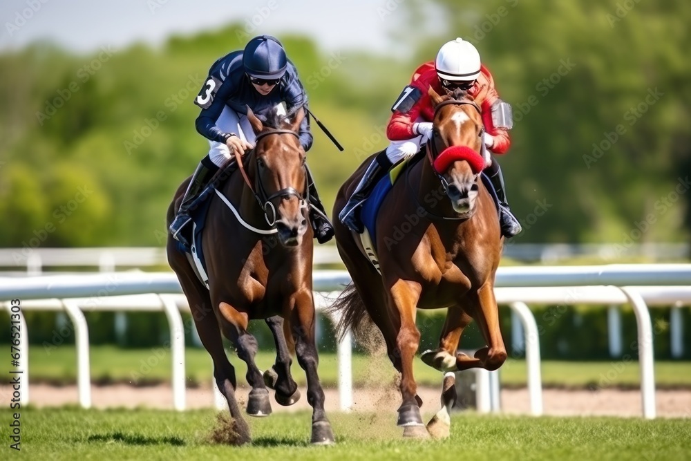 Horse riders compete on horse races for winner place of fastest rider at racetrack with spectators and fans betting. Equestrians pushing horses trying best to win race. Horse racing between opponents Horse riders compete on horse races for winner place of fastest rider at racetrack with spectators and fans betting. Equestrians pushing horses trying best to win race. Horse racing between opponents