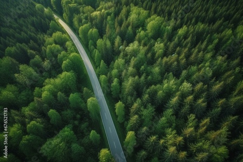 an aerial countryside road passing through green forest. Generative AI