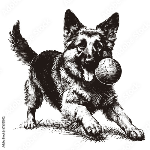 German Shepherd playing with a ball. Hand Drawn Engraving Pen and Ink. Vector Isolated in White. Engraving vintage style illustration for print, tattoo, t-shirt, coloring book	 