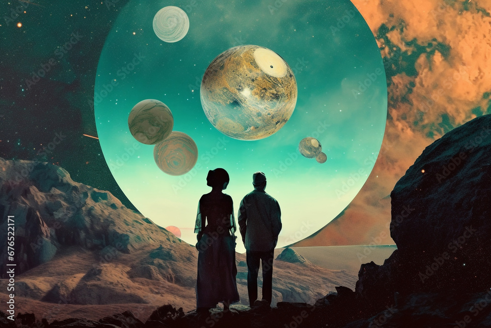 States of mind, travel, relationship concept. Abstract and surreal illustration of couple watching Earth from mountain. Strange geometric figures and colors in background. Colorful collage style