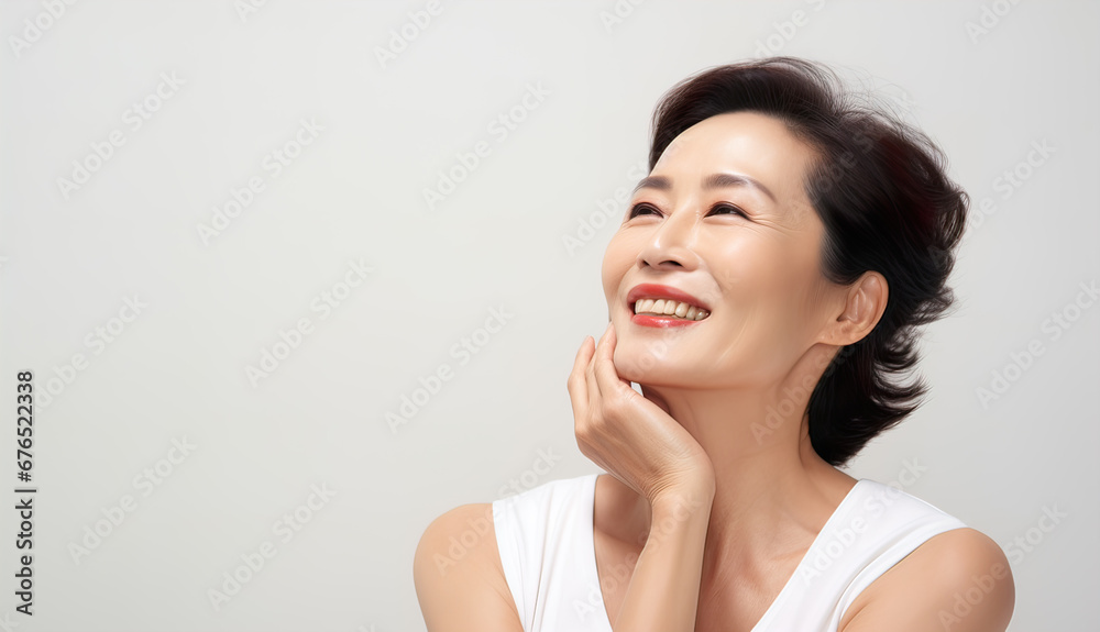 Portrait of a happy asian woman looking upwards. Generative AI Portrait of a happy asian woman looking upwards. Generative AI