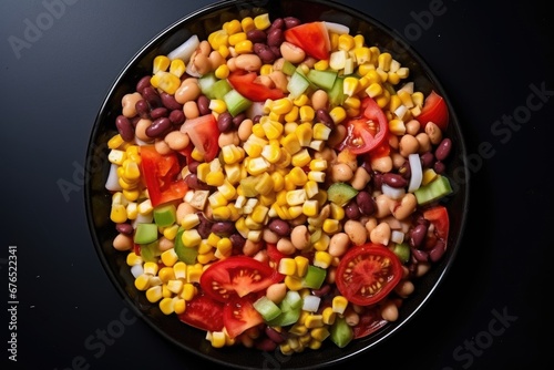 Salad of canned beans, corn, tomatoes, peppers and onions and spaghetti paste, lightly pickled in the dressing
