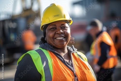 A dark-skinned fat female worker in a helmet and vest