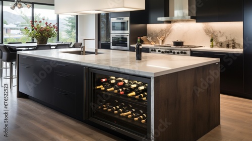 a contemporary kitchen island with a waterfall countertop and built-in wine storage.