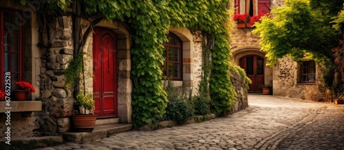In the quaint streets of Europe a vintage house with a red door stands among the stone buildings showcasing an old world charm and architectural design The wooden walls adorned with green v © TheWaterMeloonProjec