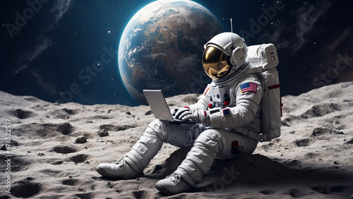 An astronaut sits on the moon with his laptop. photo