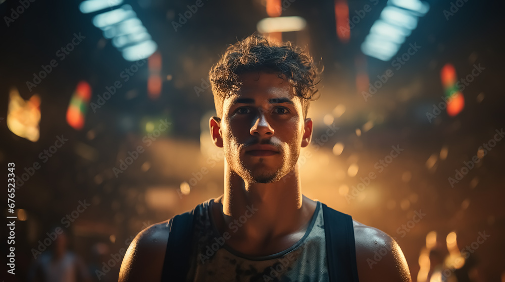 Portrait of afro american male basketball player with a ball over basketball court background. with a lot of light. 