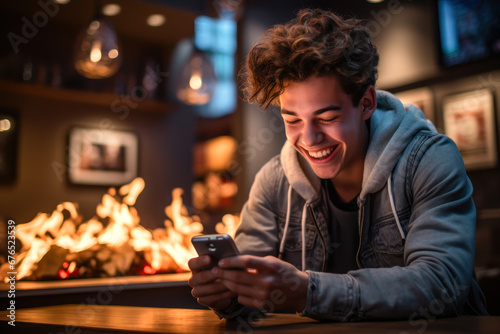 happy young guy texting on phone messenger ai generative