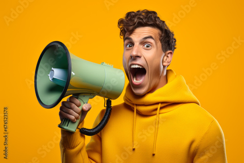 young man with loudspeaker on yellow background ai generative