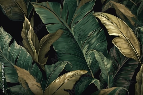 Exquisite tropical pattern with golden green banana leaves and palm on dark background; vintage 3D hand-drawn illustration. Ideal for luxurious wallpapers, clothing, fabric printing. Generative AI