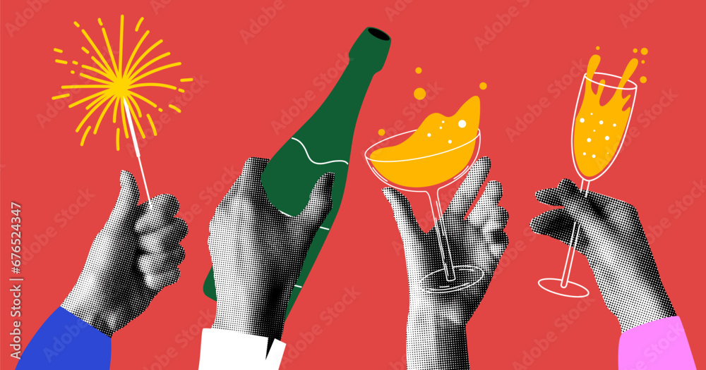 Group people drink wine, champagne. Halftone hands holding glasses, sparklers, bottle of champagne. People celebrate event together. New Year or Christmas party. Modern collage. Newspaper elements - obrazy, fototapety, plakaty 