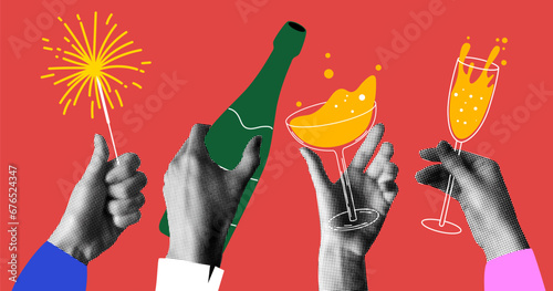 Group people drink wine, champagne. Halftone hands holding glasses, sparklers, bottle of champagne. People celebrate event together. New Year or Christmas party. Modern collage. Newspaper elements