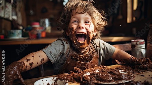 A naughty child playing and getting dirty with chocolate. photo