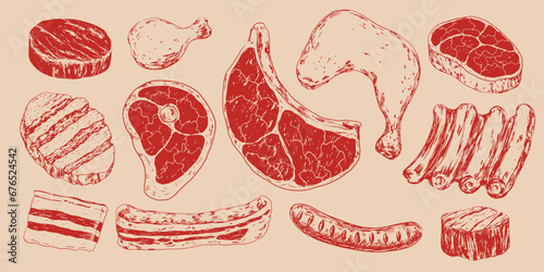 Set of raw meat. Sketch style steak. Hand drawn T-Bone beef steak, chicken leg, lamb ribs, pork ham, salo, sausage. Beef medallion. Vintage engraving. Butcher shop product. Collection with meat food