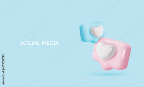 Love like heart social media notification, speech bubble with like. Social media network. 3d vector icon. Cartoon minimal style.