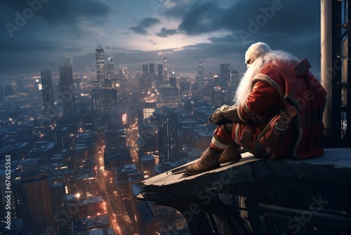 a lonely and sad Santa Claus sits on a ledge of a skyscraper