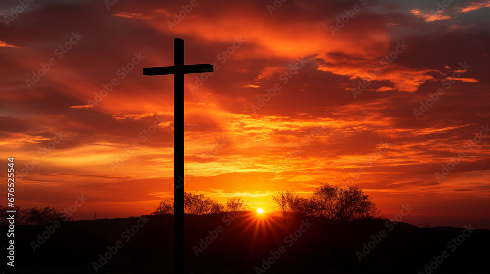 Iconic Cross Silhouette at Sunset: A powerful silhouette of a cross against a vibrant sunset sky, symbolizing hope and salvation in Christianity