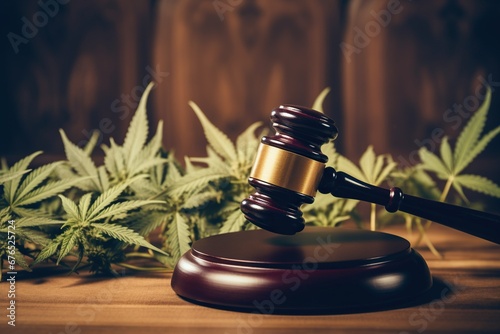 A judge's gavel on a stand surrounded by marijuana leaves on a wooden background. photo