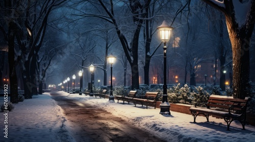 Night street in the snow. Lantern lights.