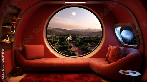 cozy living room on a space ship oval shaped window wth a stunning view of the earth Generative Ai © photo