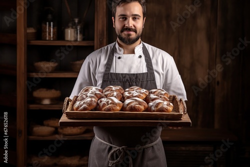 An adult Caucasian baker in professional attire is holding a tray of golden fluffy buns in a bakery. Advertising for your business.