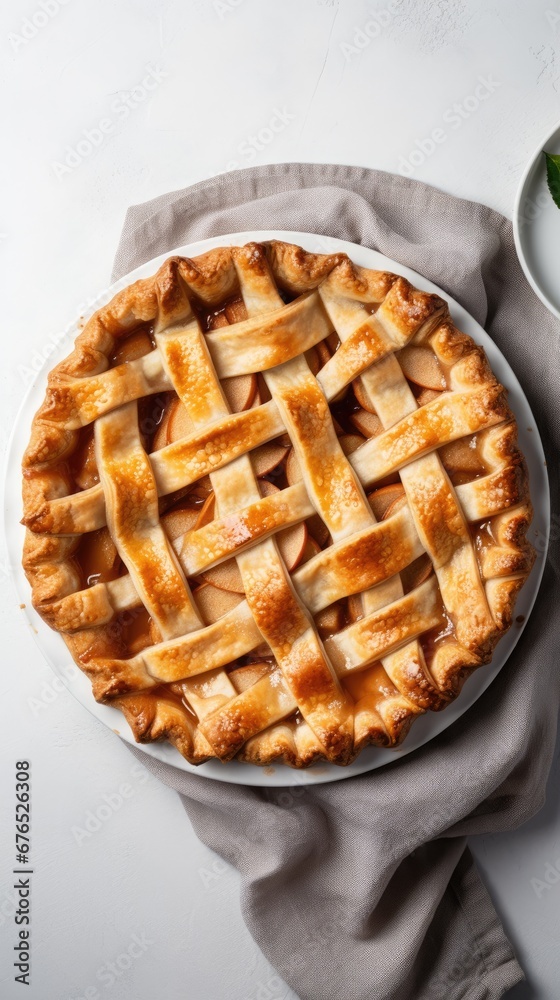 Overhead Shot of a Delicious Homemade Apple Pie on a White Background, Vertical Image Overhead Shot of a Delicious Homemade Apple Pie on a White Background, Vertical Image