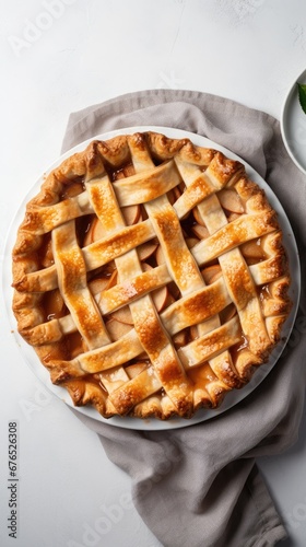 Overhead Shot of a Delicious Homemade Apple Pie on a White Background, Vertical Image