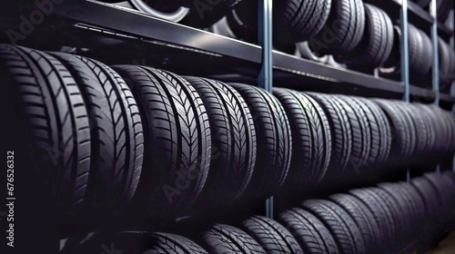New car tires on a shelf in a car workshop, close-up view photo