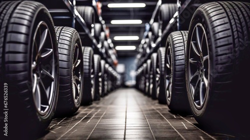 Rows of new car tires in auto repair shop, closeup photo