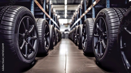 Rows of new car tires in warehouse. Auto service industry.