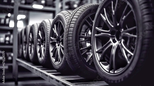 Car wheels on a conveyor belt in a car shop.  © Oleh