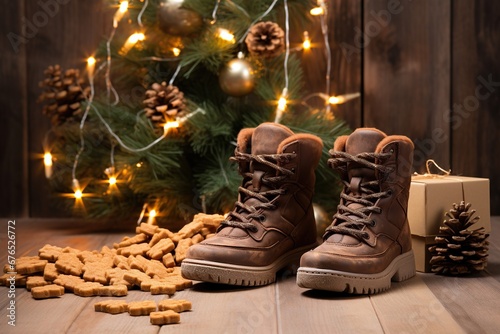 A festive winter scene with a pair of brown winter boots, Christmas decorations, pine cones, and glowing lights on a wooden background.