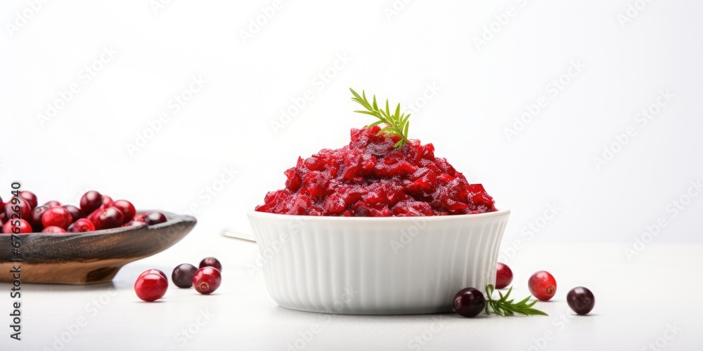 A bowl of cranberry sauce with a leaf on top, banner A bowl of cranberry sauce with a leaf on top, banner